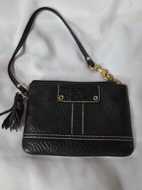 Coach Black Pebbled Leather Wristlet with Tassel
